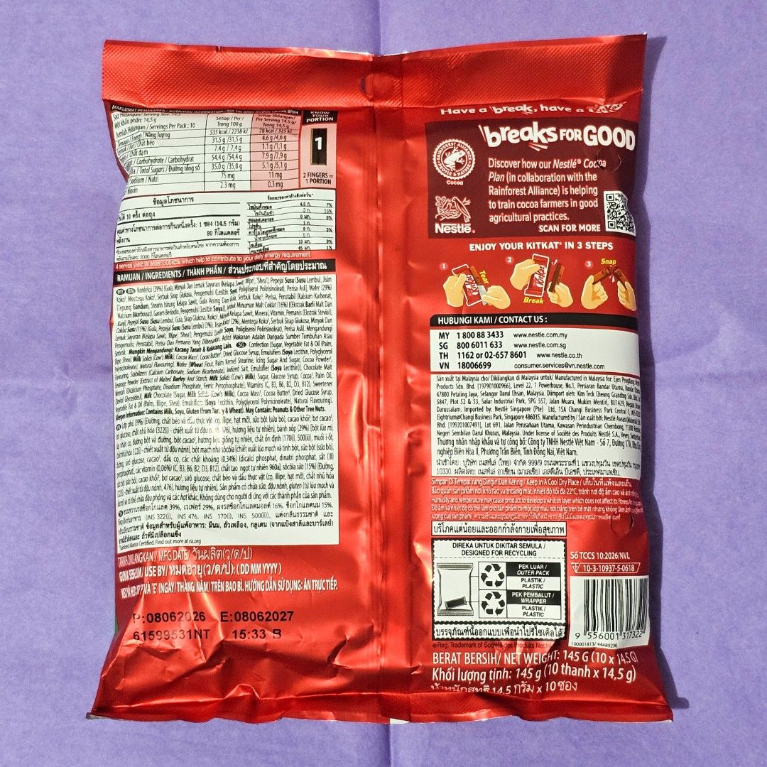 Nestle Kit Kat Milo Chocolate Bars (Category: Packaged & Instant Food) located in Pasay City. Submitted by shape.shack (Listing ID 1461366277, Image 2). Description: - New Nestle Kit Kat Milo flavor! - 10 individually wrapped bars per pack. - Ideal for a quick snack or sharing. - Energize your break with this delicious treat. -Manufactured in Malaysia dm for inquiries.