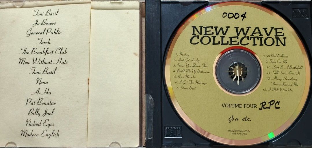New Wave Collection Volume IV CD (Category: CDs & DVDs) located in Manila. Submitted by ruelcabrer77078 (Listing ID 1461525825, Image 2). Description: - Compilation CD featuring classic New Wave hits - Includes tracks by Toni Basil, The Breakfast Club, A-ha, Billy Joel, and more - CD case has some scratches - Perfect for 80s music enthusiasts - Promotional copy (not for sale).