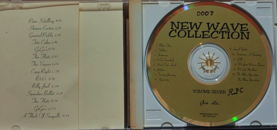 New Wave Collection Volume VII CD (Category: CDs & DVDs) located in Manila. Submitted by ruelcabrer77078 (Listing ID 1461546473, Image 2). Description: - Compilation CD featuring classic New Wave hits. - Includes tracks from GoGo's, The Flirts, Billy Joel, and more. - Some songs are marked 'Pop NW Disco OK' or 'Funk Rock Disco OK'. - Features 'Promotional Copy Not For Sale' markings on some tracks. - A must-have for fans of 80s music!.