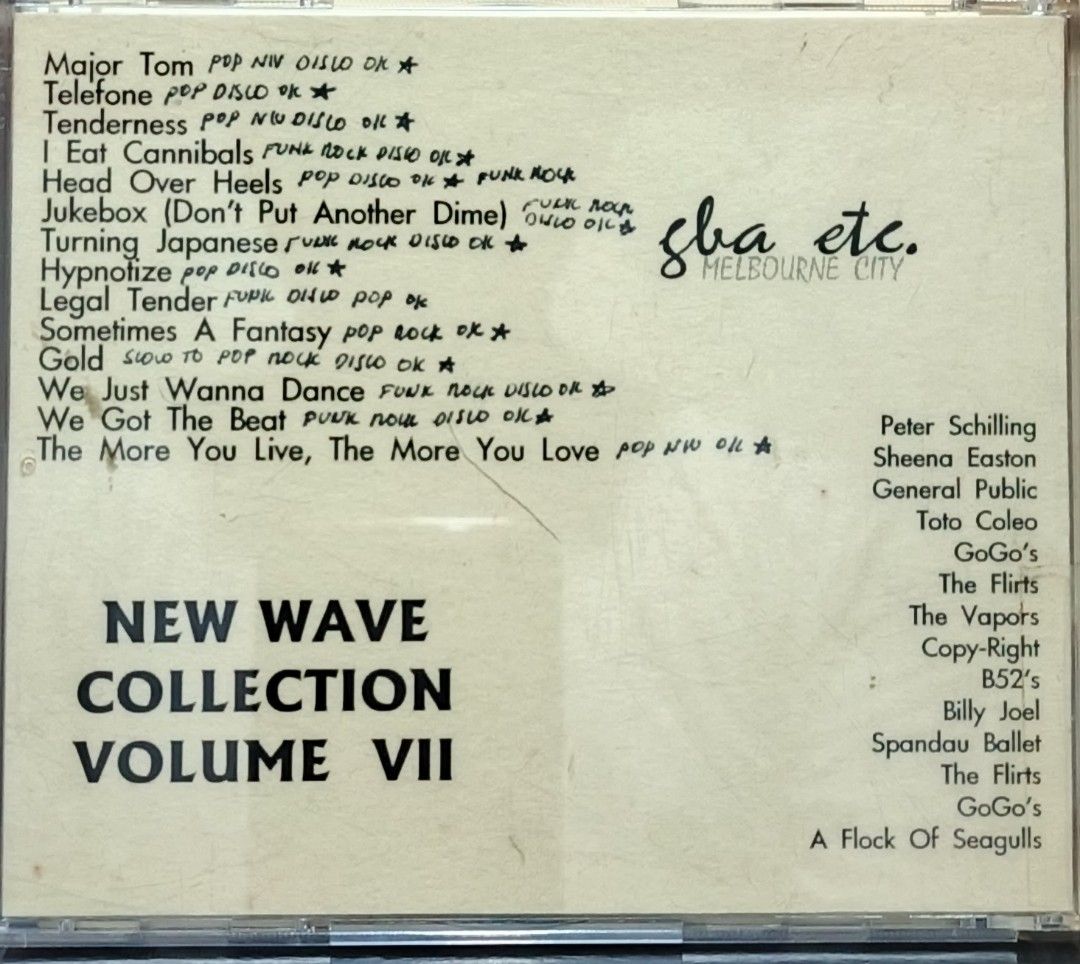 New Wave Collection Volume VII CD (Category: CDs & DVDs) located in Manila. Submitted by ruelcabrer77078 (Listing ID 1461546473, Image 3). Description: - Compilation CD featuring classic New Wave hits. - Includes tracks from GoGo's, The Flirts, Billy Joel, and more. - Some songs are marked 'Pop NW Disco OK' or 'Funk Rock Disco OK'. - Features 'Promotional Copy Not For Sale' markings on some tracks. - A must-have for fans of 80s music!.