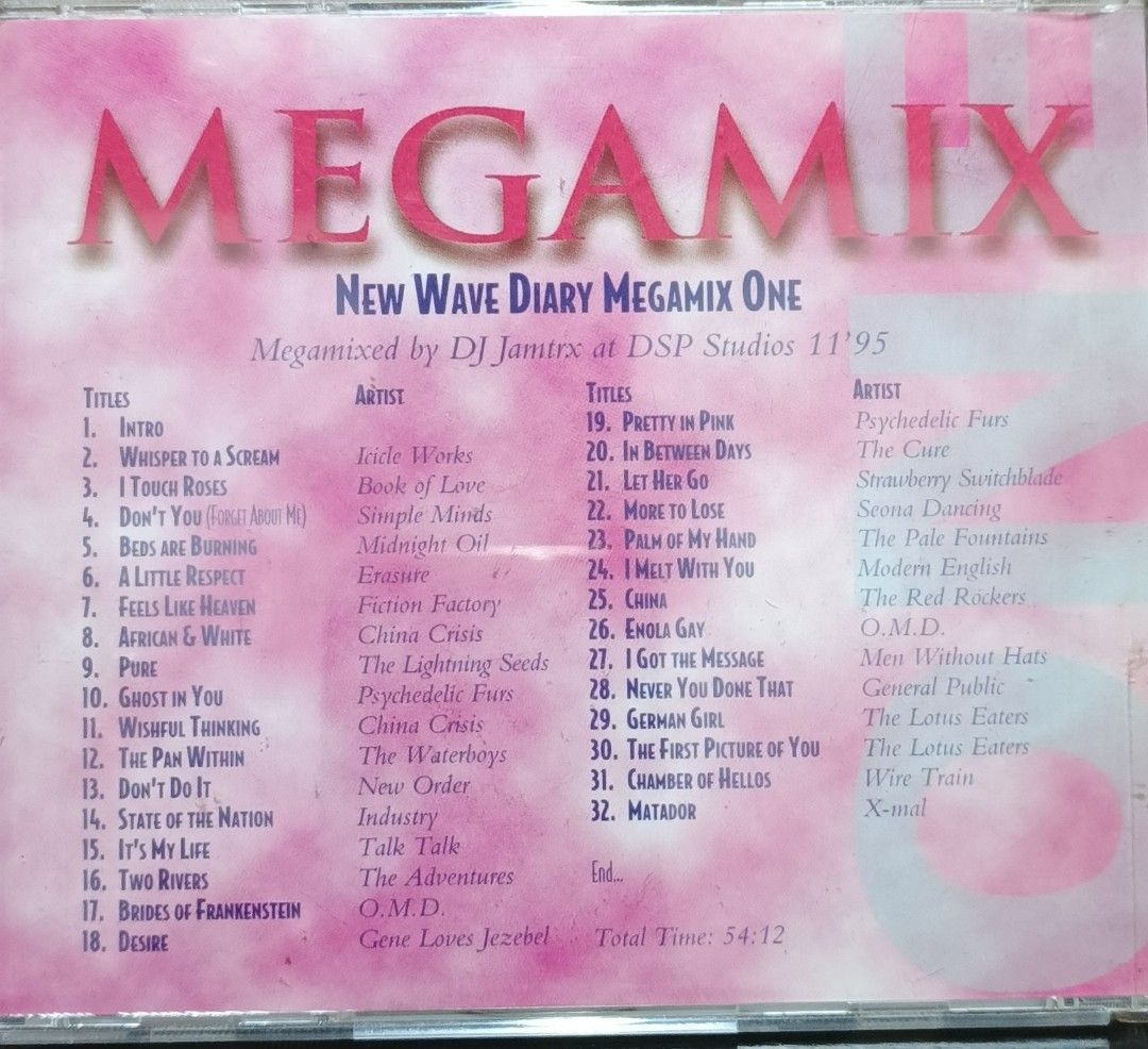 New Wave Diary Megamix One CD by DJ Jamtrx (Category: CDs & DVDs) located in Manila. Submitted by ruelcabrer77078 (Listing ID 1461546795, Image 3). Description: - New Wave Diary Megamix One CD - Megamixed by DJ Jamtrx at DSP Studios '95 - Features 32 New Wave hits - Includes tracks by The Cure, Erasure, Depeche Mode, and more - Total playtime: 54:12 - Perfect compilation for New Wave enthusiasts.