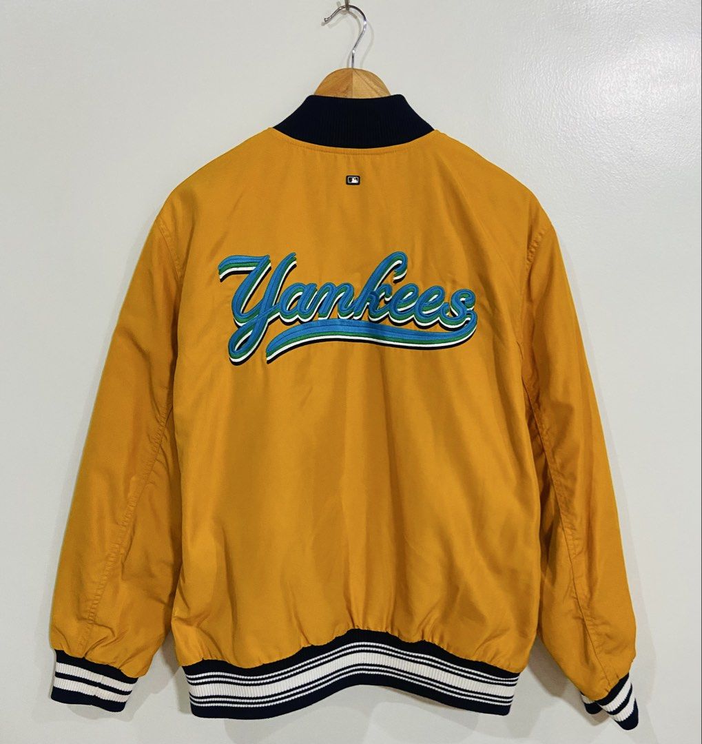 New York Yankees MLB Bomber Jacket Yellow (Category: Coats, Jackets and Outerwear) located in Manila. Submitted by thriftnijuan08 (Listing ID 1461344306, Image 2). Description: - Yellow bomber jacket - Official New York Yankees logo on front and back - Iconic NY logo on chest - 'Yankees' script on the back - Ribbed collar, cuffs, and hem for a snug fit - MLB branding on zipper pull - A must-have for any Yankees fan! -Dimes 23/26.