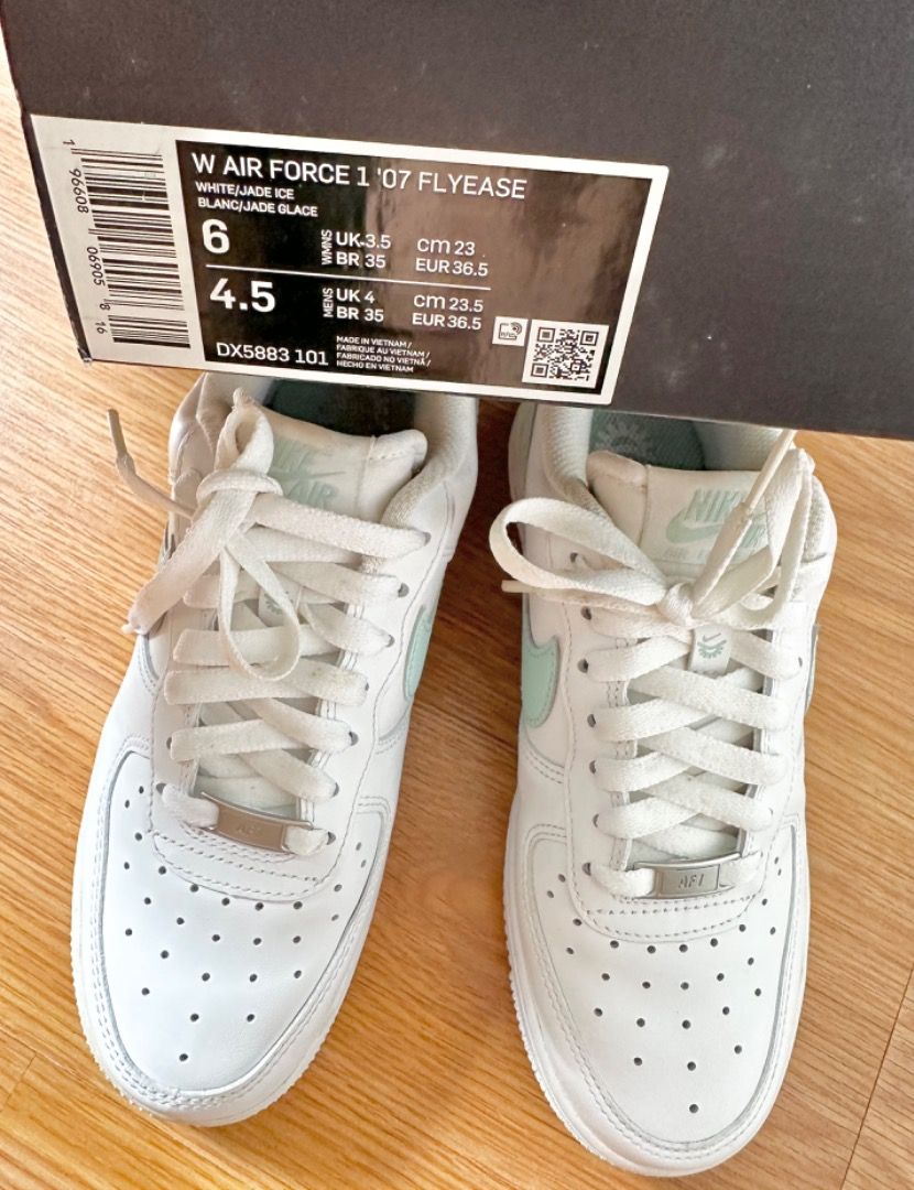 Nike Air Force 1 '07 FlyEase White/Jade Ice (Category: Sneakers) located in Mandaluyong City. Submitted by unworntobarelyworn (Listing ID 1461335769, Image 2). Description: Condition: 9/10 (worn only 2x) - Nike Air Force 1 '07 FlyEase - Color: White with Jade Ice accents - Size: UK 4.5 (US 6 / EU 36.5) - Includes original box - Ideal for everyday wear .
