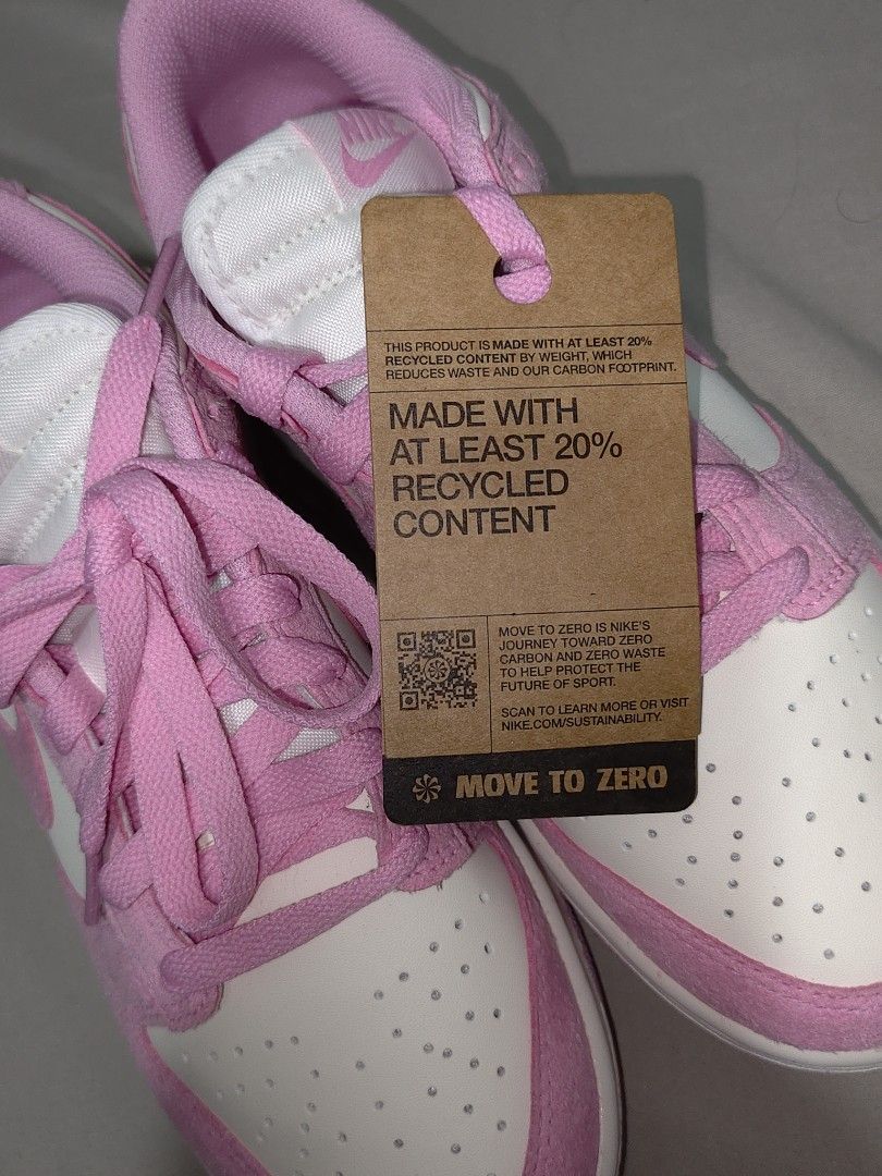 Nike Dunk Low Pink Rise Sail Recycled Content (Category: Sneakers) located in Manila. Submitted by ma.titania (Listing ID 1461325879, Image 3). Description: - Nike Dunk Pink Rise Sail - Made with at least 20% recycled content (check tag for details) - No box and Price is still negotiable - Lace-up closure - Ideal for everyday wear.