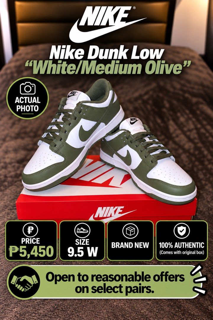 Nike Dunk Low White Medium Olive US 9.5W Brand New Authentic (Category: Sneakers) located in Mandaluyong City. Submitted by toycartmnl (Listing ID 1461488179, Image 1). Description: 🔥 BRAND NEW & 100% AUTHENTIC 🔥 📦 Comes with original Nike box 📸 Actual photos of the pair DETAILS * Brand: Nike * Model: Dunk Low * Colorway: White / Medium Olive * Size: US 9.5 Women’s * Condition: Brand New * Price: ₱5,450 💰 Open to reasonable offers on select 