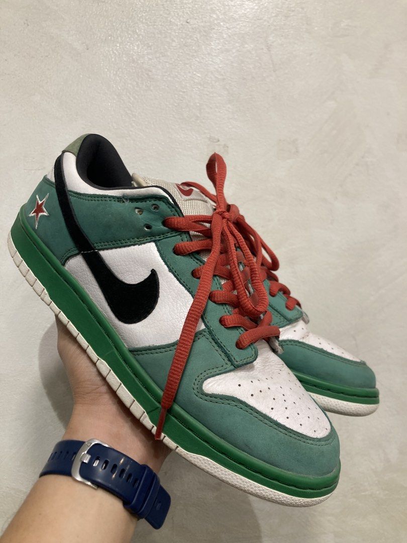 Nike Sb Dunk Low Heineken (Category: Sneakers) located in Quezon City. Submitted by janisu0303 (Listing ID 1461540436, Image 1). Description: Nike Sb Dunk Heineken Size 9.5usmen Replace insole 15,000 Fairview area meetups Or shipping From japan thrift shop Heineken .