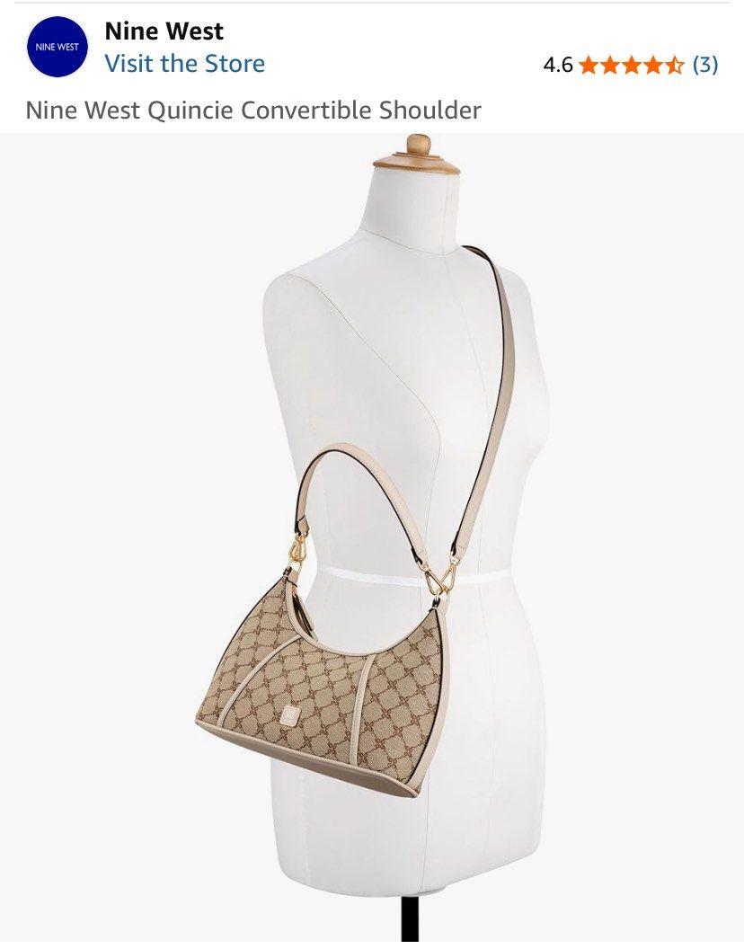 Nine West Quincie Convertible Shoulder Bag (Category: Luxury Bags & Wallets) located in Manila. Submitted by apraeltrends (Listing ID 1461556515, Image 2). Description: - Nine West Quincie convertible shoulder bag - Stylish monogram print with cream trim - Versatile: adjustable strap for shoulder or crossbody wear - Elegant gold hardware details - Ideal for everyday use.