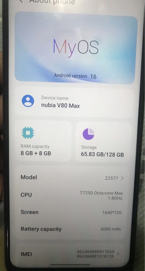 Nubia V80 Max (Category: Android Others) located in Imus. Submitted by rann77 (Listing ID 1461478496, Image 2). Description: Good as New 1month old 8GB Ram 128gb Rom No issue .
