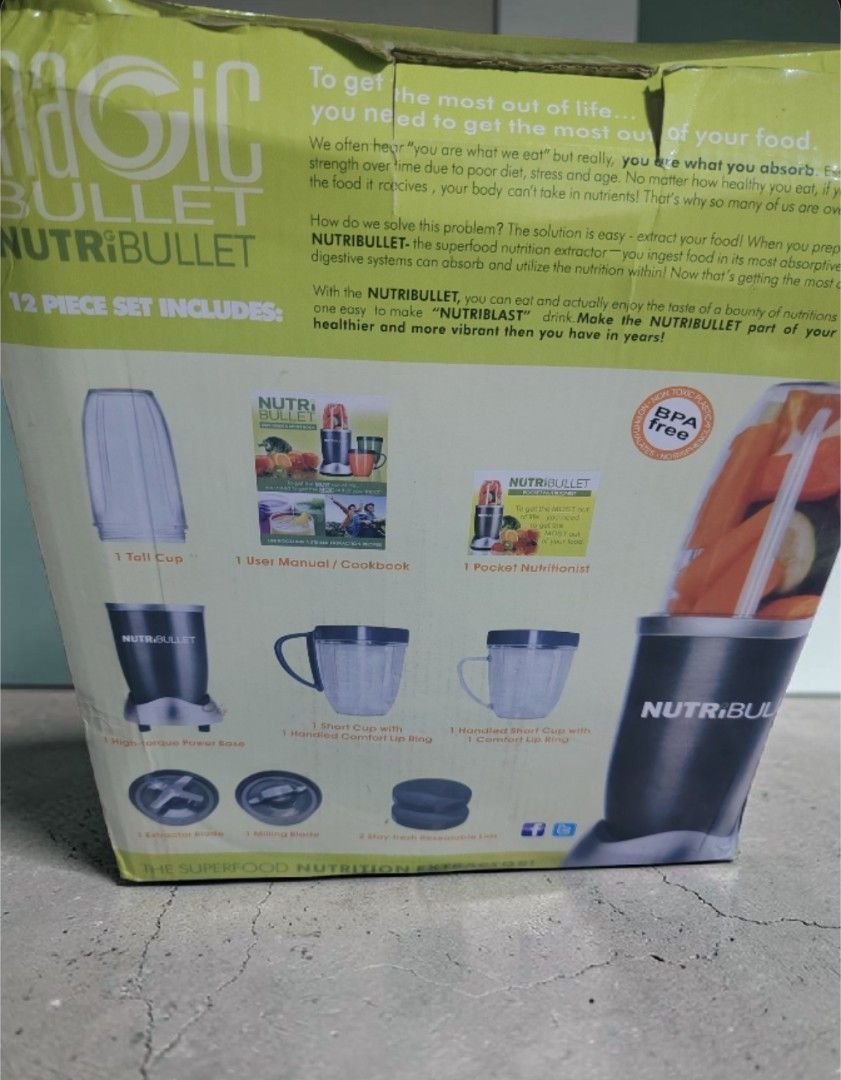 NutriBullet 600W Personal Blender 12-Piece Set (Category: Juicers, Blenders & Grinders) located in Mandaluyong City. Submitted by ver.qn (Listing ID 1461484649, Image 3). Description: 600 Watts, 24oz Cup Capacity, Nutrient Extractor P6,490.00 SRP, 3,500 nalang Brandnew po sya not used, nayupi yupi lang ang box. No damages ang item, protected po sya ng carton box sa loob INCLUSIONS. 1 Motor Base 1 Cross Blade 1 24oz Tall Cup 1 User Manual / Recipe