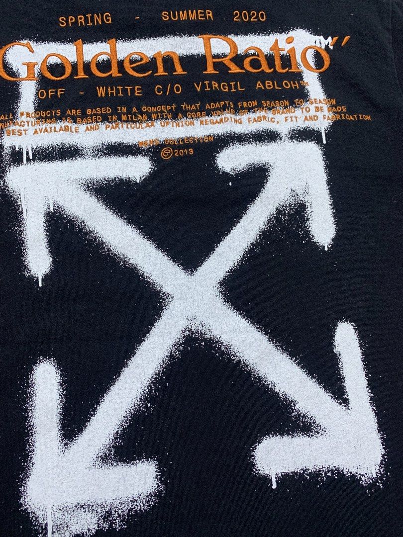 OFF WHITE Golden Ration Tee (Authentic) (Category: Activewear) located in Mabalacat. Submitted by thrift_trap (Listing ID 1461507430, Image 3). Description: Dimes: W19 x L30 (Size: S on tag) Condition: Good Issue (s): Hairline & repaired 2 pinhole Color rate: 9.5/10 Complete tags🏷️ Color may vary due lighting‼️.