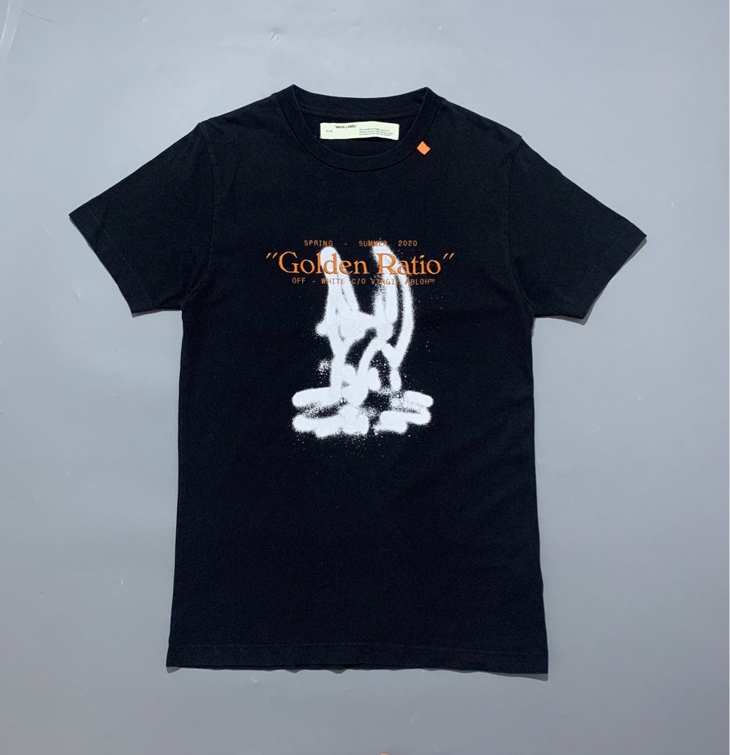 OFF WHITE Golden Ration Tee (Authentic) (Category: Activewear) located in Mabalacat. Submitted by thrift_trap (Listing ID 1461507430, Image 1). Description: Dimes: W19 x L30 (Size: S on tag) Condition: Good Issue (s): Hairline & repaired 2 pinhole Color rate: 9.5/10 Complete tags🏷️ Color may vary due lighting‼️.