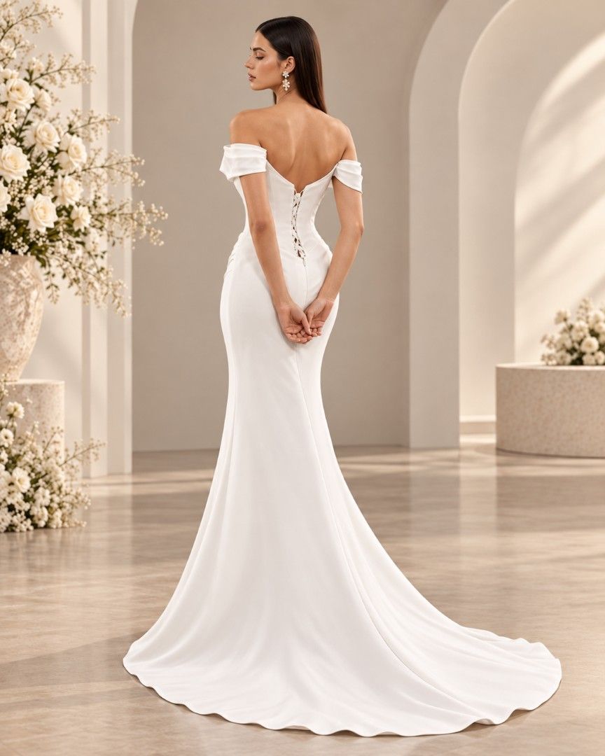Off-Shoulder White Wedding Dress with High Slit (Category: Evening dresses & gowns) located in Carmona. Submitted by redtagged. (Listing ID 1461544543, Image 2). Description: - Beautiful off-shoulder wedding dress - Corset bodice for a flattering fit - Dramatic high slit for a modern touch - Lace-up back detail - Flowing train for a grand entrance - Ideal for your wedding day.