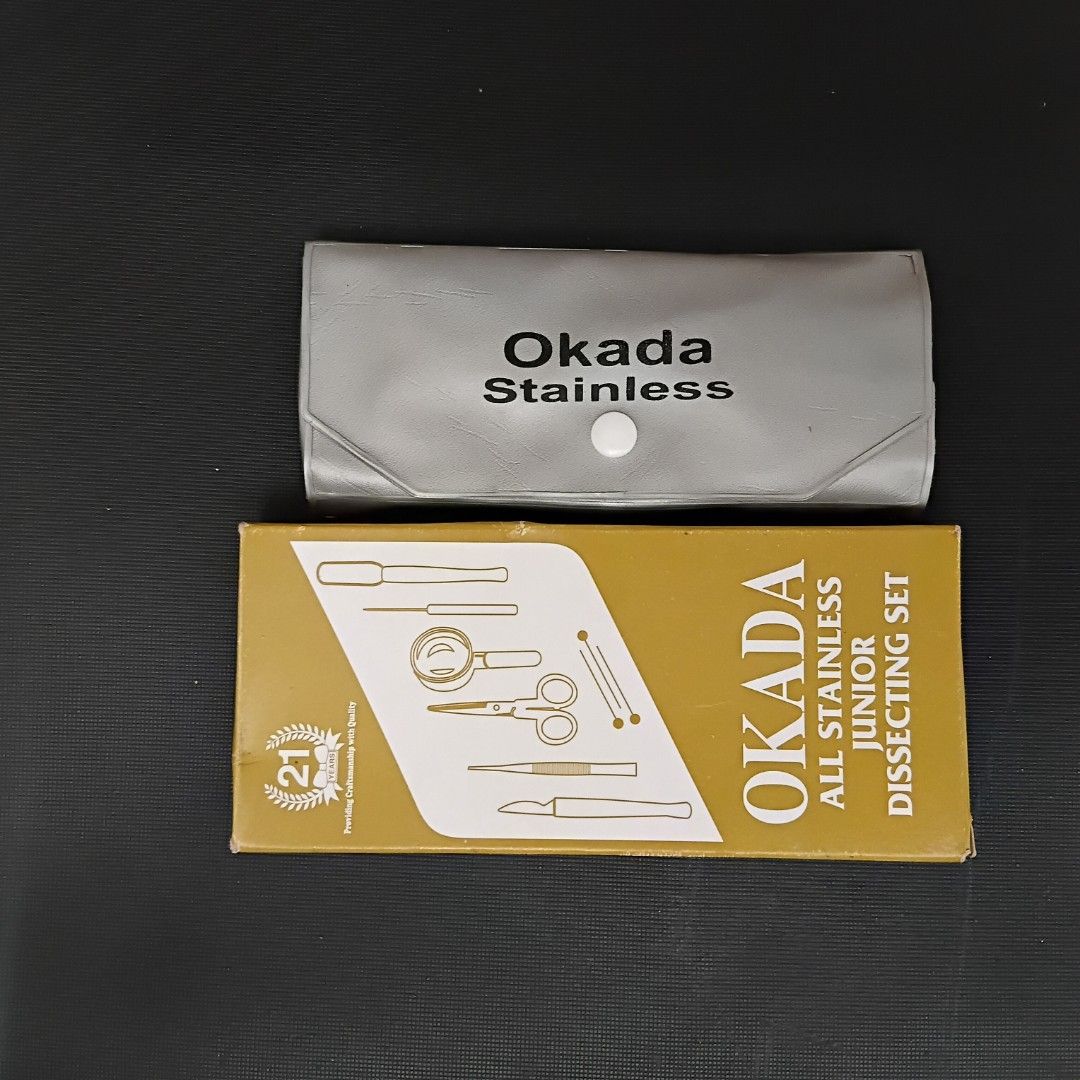 Okada Junior Dissecting Kit or Set (Category: Everything Else Others) located in Quezon City. Submitted by kaloriver (Listing ID 1461344844, Image 1). Description: Used this dissecting kit once for my BIO 11.1 class ☺️ It's still complete and it comes with: 1. Dissecting scissors 2. Thumb forceps 3. Scalpel 4. Flapper 5. Needle 6. Magnifier 7. Pins (2) You can DM me for pictures of each material. 🤍.