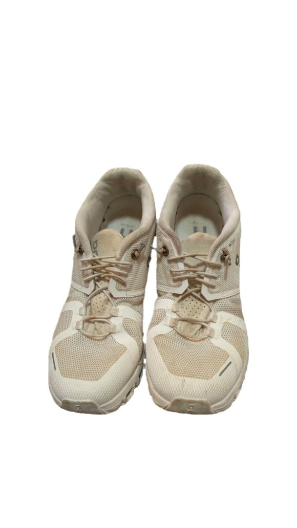On Cloud 5 running shoes (Category: Sneakers) located in Las Pinas. Submitted by moonryse (Listing ID 1461424220, Image 1). Description: [ITEM DETAILS] * size: 6 * other details: off-white or cream colorway, featuring a breathable mesh upper, a signature speed-lacing system with knotted elastic laces, structured synthetic overlays, and the brand's iconic hollow CloudTec cushioned sole units. * condition: Slightly dirty and needs cleaning ! mop: g