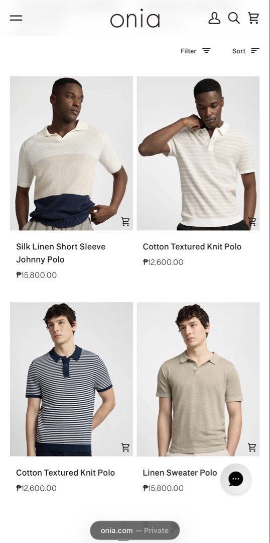 Onia Polo Shirt Men Large (Category: Tshirts & Polo Shirts ) located in Pasig City. Submitted by fashion_alpha (Listing ID 1461508862, Image 1). Description: Shoulder to Shoulder 22 inches Armpit to armpit 26 inches Height 30 inches.