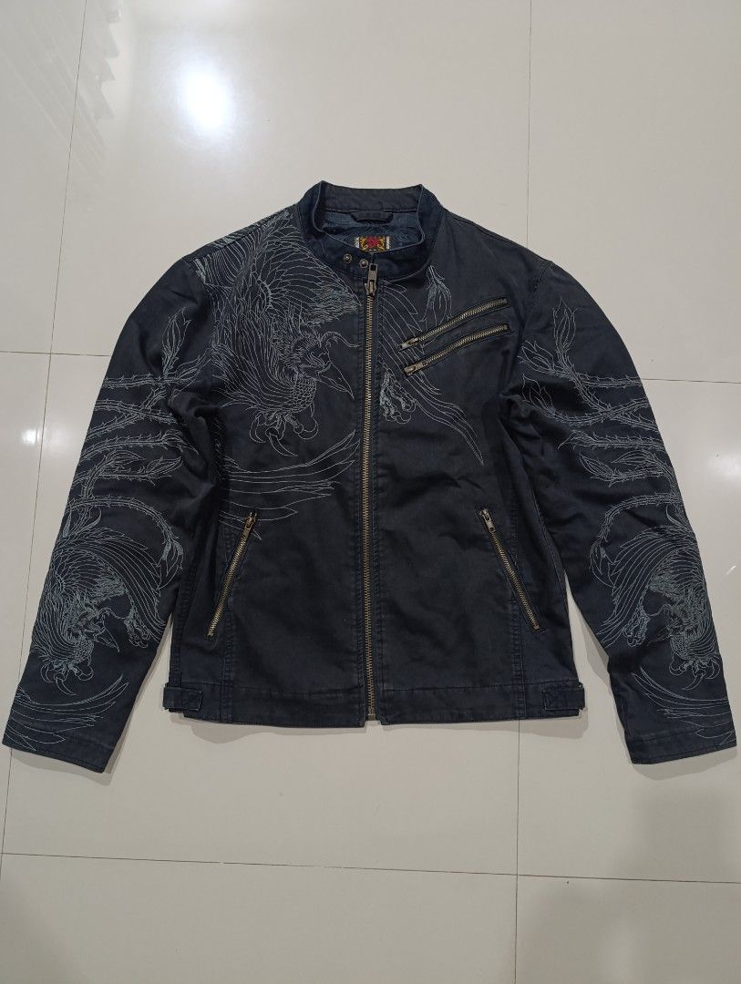 Oriental Brand Embroidered Phoenix Biker Jacket (Category: Coats, Jackets and Outerwear) located in Davao. Submitted by idioticthrifter (Listing ID 1461545477, Image 1). Description: - Eye-catching phoenix embroidery on front and sleeves - Unique vine-like designs on the back - Full zipper closure - Convenient pockets - Stylish stand-up collar - Estimated size Medium (please check measurements for best fit) - Ideal for making a bold fashion state