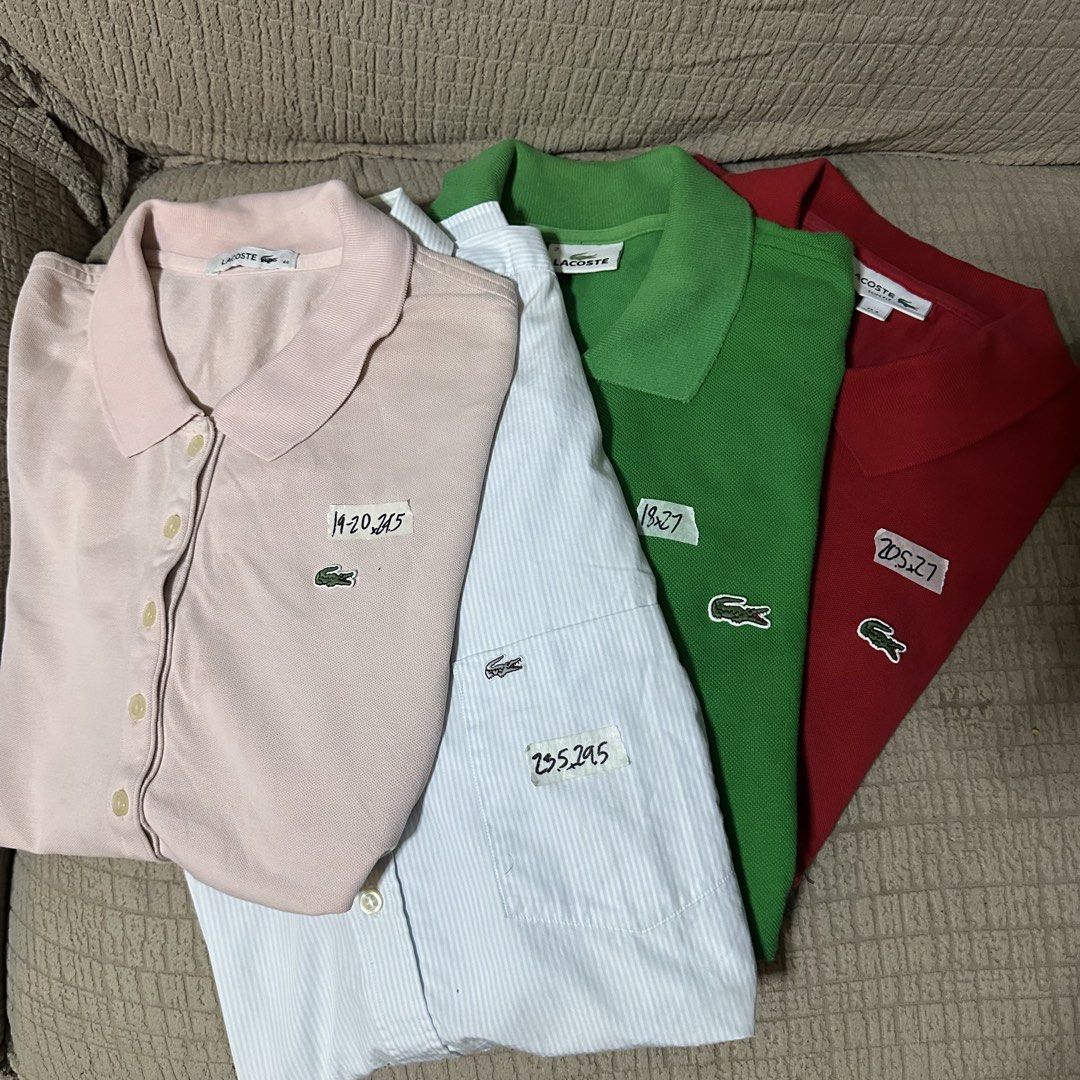 Original Lacoste Polo (Category: Tshirts & Polo Shirts ) located in Quezon City. Submitted by jeconiah.tayuman (Listing ID 1461531625, Image 2). Description: Red - Size 6 XL Slim Fit (Best Fit Large) Green - Size 2 (Small-Medium) Polo Short Sleeve - Size 45 (XL-XXL) Women’s Light Pink - Size 46 (Large-XL) All in excellent conditions DM 📩.