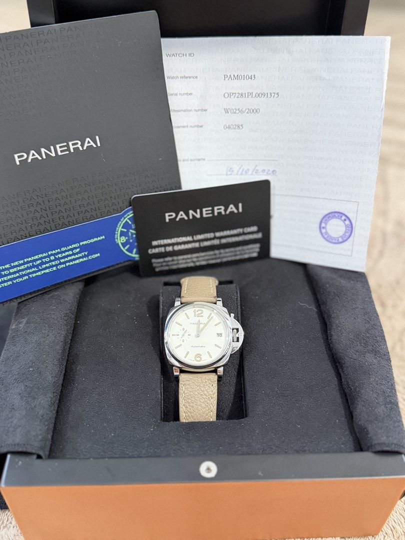 Panerai Luminor Due (Category: Luxury Watches) located in Santa Rosa. Submitted by fourthhourtimepieces (Listing ID 1461331671, Image 1). Description: PANERAI LUMINOR DUE PAM01043 A refined and versatile Panerai featuring its signature cushion-shaped case, ivory dial, and elegant beige leather strap. • 38mm • Year 2020 • Automatic movement • Small-seconds and date display • Full set • Reference PAM01043 • Good overall condition • Authentication w