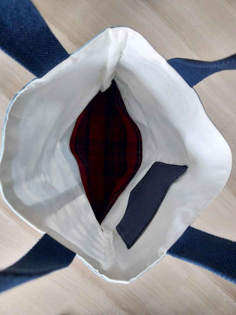Patchwork Tote Bag (Category: Tote Bags) located in Singapore. Submitted by TTS11 (Listing ID 1461394908, Image 3). Description: - dim 30 x 30 x 5.5 cm - double-layered - outer layer: fabric mix of tie-dye and gingham check - inner layer: fabric lining with a pocket and red and black plaid base - intricate workmanship.