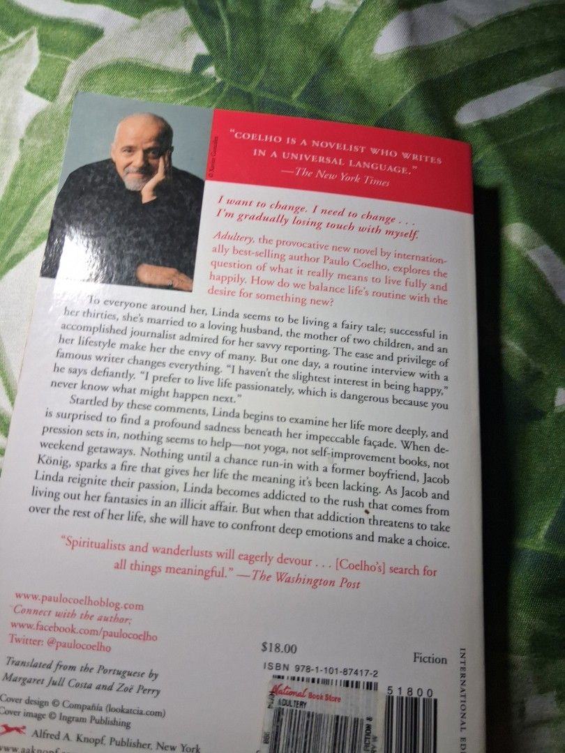 Paulo Coelho Adultery Paperback Book (Category: Storybooks) located in Ligao. Submitted by mavrnmlt (Listing ID 1461398999, Image 3). Description: - Novel: Adultery by Paulo Coelho - Theme: A woman's exploration of her life and desires - Author: Best-selling author of 'The Alchemist' - Publisher: Alfred A. Knopf - Genre: Fiction.