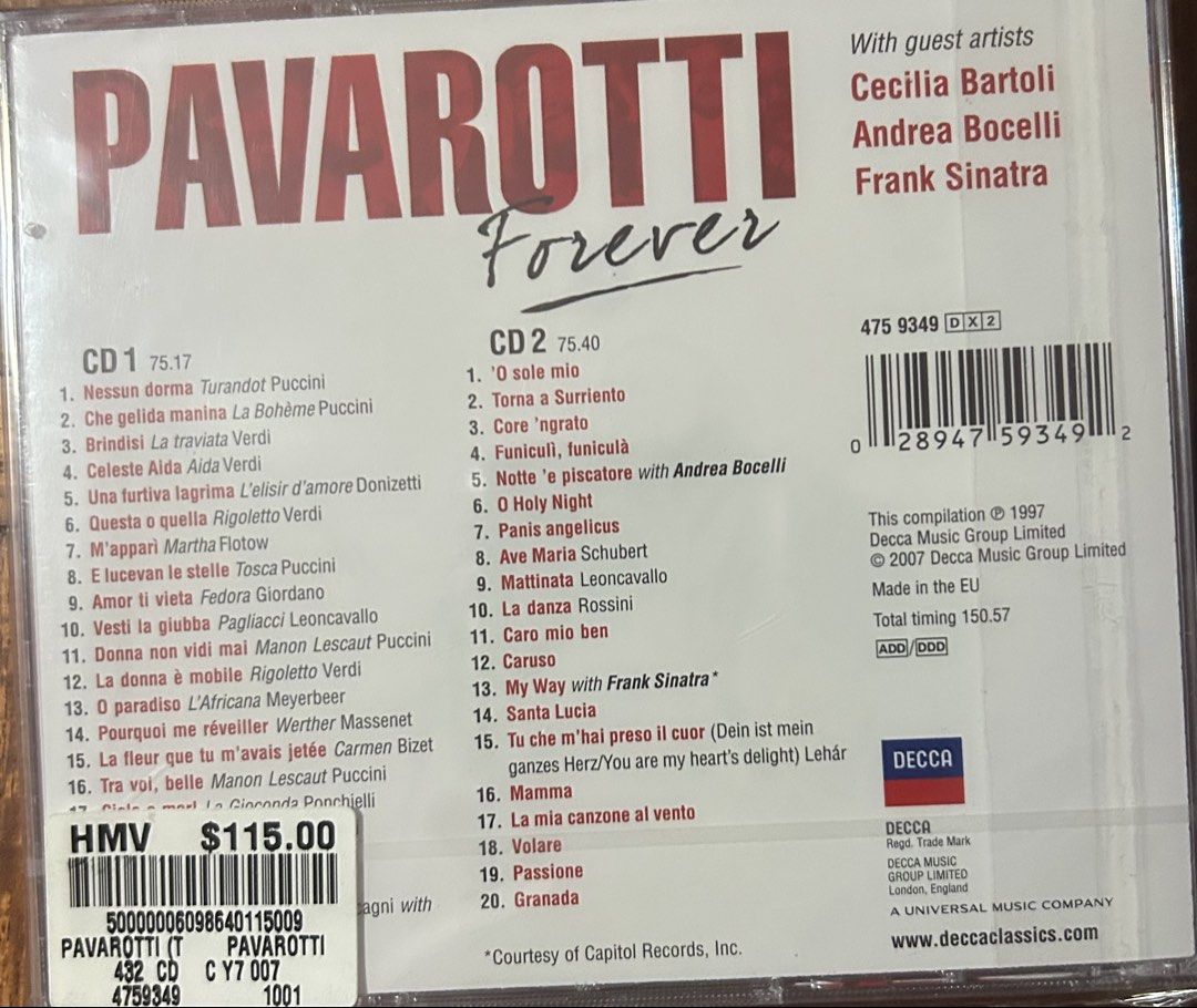 Pavarotti Forever 2 CD Greatest Hits Collection (Category: CDs & DVDs) located in Caloocan City. Submitted by dillydadi67 (Listing ID 1461478156, Image 2). Description: - Pavarotti Forever Greatest Hits Collection - 2 CDs with 41 classic tracks - Special duets with Cecilia Bartoli, Andrea Bocelli, and Frank Sinatra - Includes a bonus poster - Recorded in 1997 by Decca Music Group.