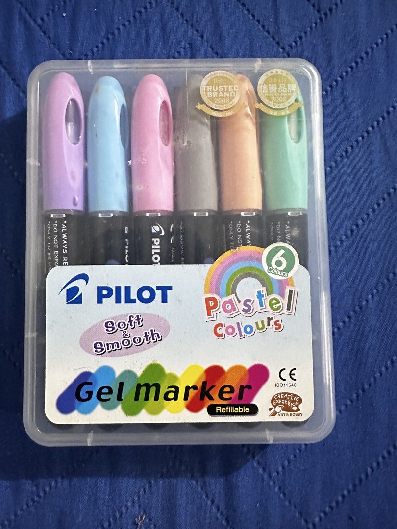 Pilot Gel Marker Pastel Colours Set (Category: Stationery & School Supplies) located in Manila. Submitted by jailand08 (Listing ID 1461476693, Image 1). Description: - Set of 6 Pilot Gel Markers - Beautiful pastel colors - Soft and smooth ink flow - Refillable for long-lasting use - Ideal for drawing, art projects, and journaling - Comes in a convenient clear plastic case.