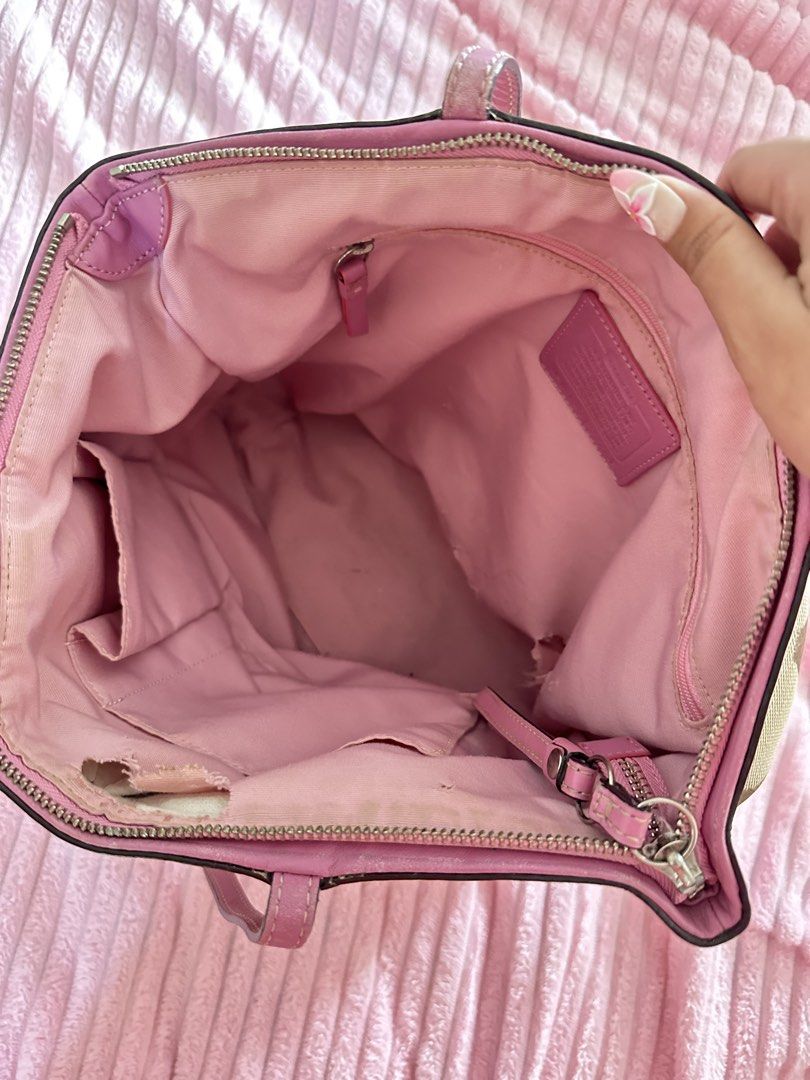 Pink Coach Vintage Tote Bag (Category: Tote Bags) located in Santa Rosa. Submitted by luckydear_ (Listing ID 1461385357, Image 3). Description: Authentic Coach Vintage Tote Bag Preloved Coach vintage tote bag in pink and signature print. Spacious and perfect for everyday use! ⚠️ Please note: Heavily used condition with holes/tears on the inner lining and signs of wear. Please check all photos carefully before purchasing. 💗 ₱1500+ shipping fee no