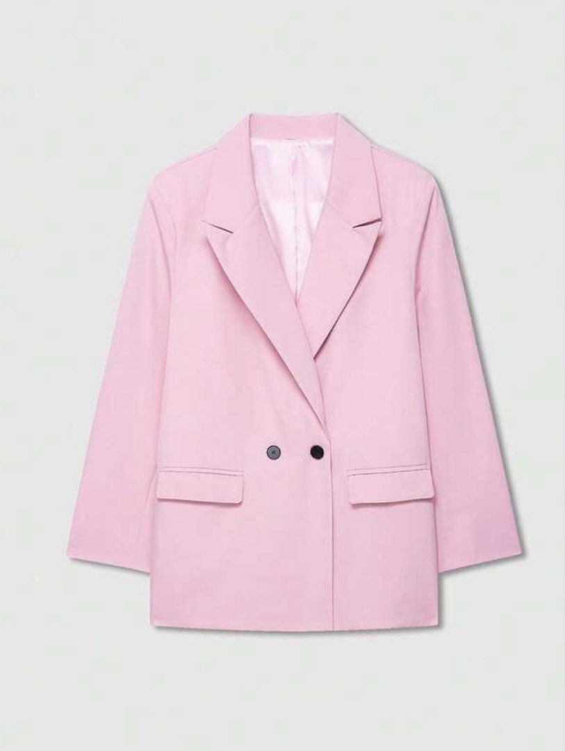 Pink Double-Breasted Blazer (Category: Coats, Jackets and Outerwear) located in Cebu City. Submitted by preloveditemscloset (Listing ID 1461430037, Image 1). Description: - Oversized pink blazer - Double-breasted style with two dark buttons - Two flap pockets at the front - Light pink satin lining - Can be worn open or closed - Perfect for dressing up or down Used only once.