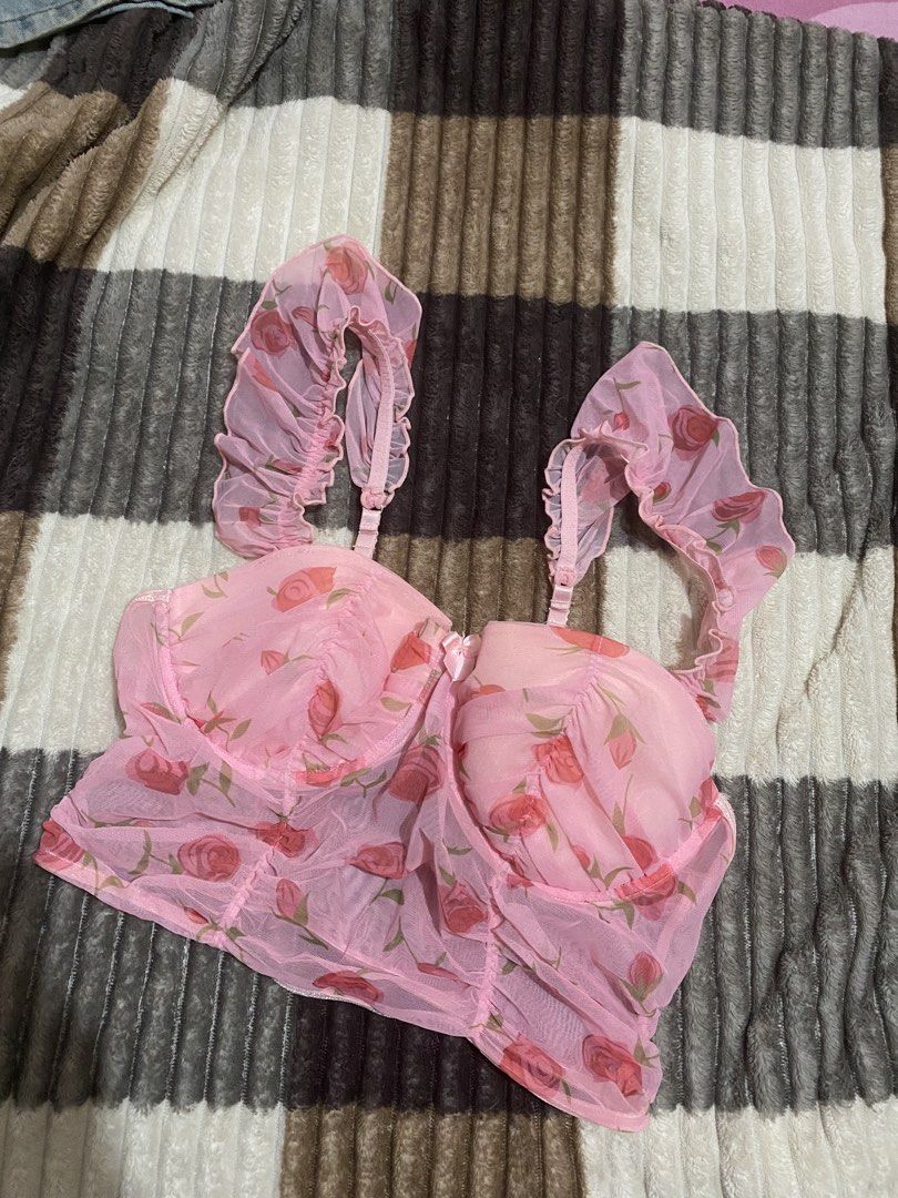 Pink Rose Mesh Corset Top with Ruffle Straps (Category: Sleeveless) located in Manila. Submitted by chimkenren (Listing ID 1461465577, Image 1). Description: bought it in an instagram shop, pasabuy from vietnam - Cute pink mesh corset top - All-over rose floral print - Delicate ruffle straps - Adjustable bra-style straps - Flattering corset shaping - Versatile for layering or wearing alone - Fun and flirty design.