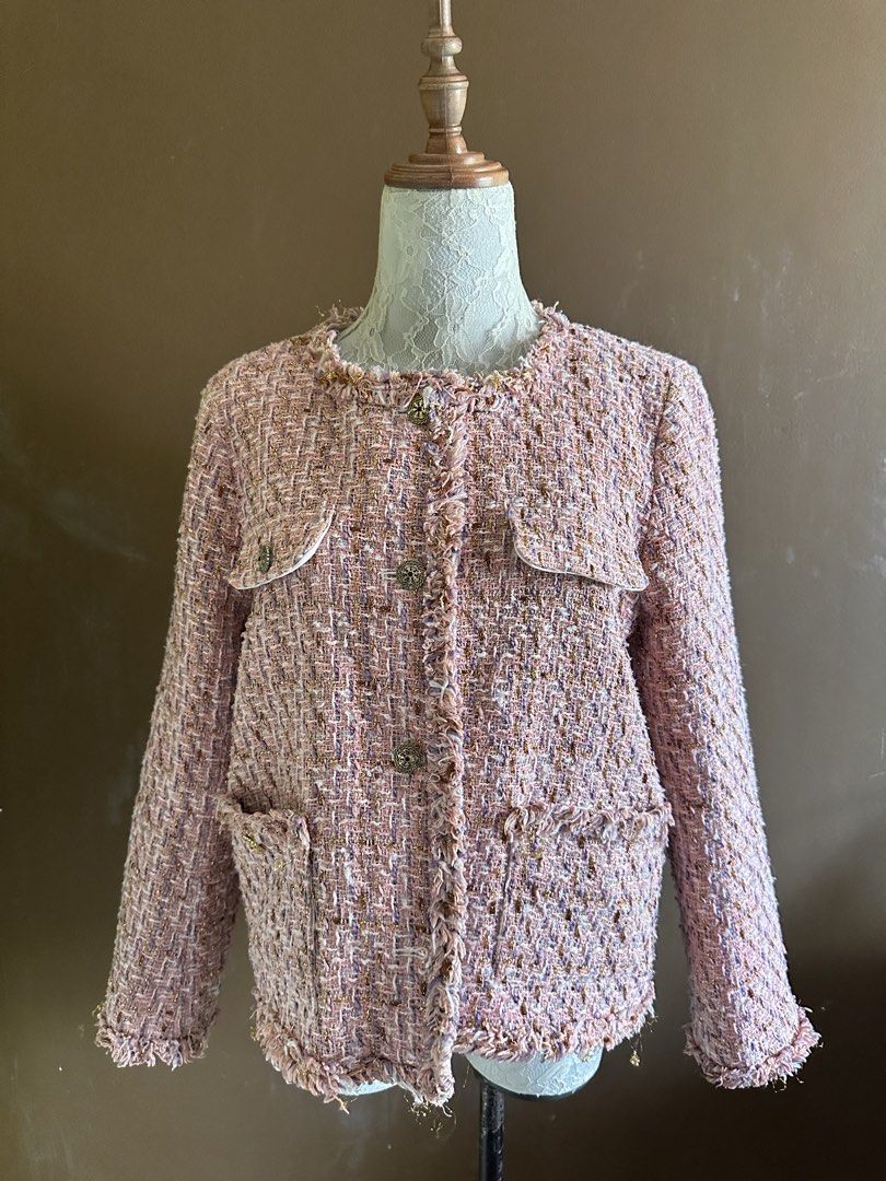 Pink Tweed Coat Winter Jacket (Category: Coats, Jackets and Outerwear) located in Paranaque City. Submitted by eckadcms (Listing ID 1461378334, Image 2). Description: Pink Tweed Coat Winter Jacket with gold buttons Textured weave with subtle gold threads Round neckline with frayed trim Four front pockets Fully lined interior (Perfect for layering) Size : Medium but also fits to small Missing : one button ( the last one ) Note : Color may slightly