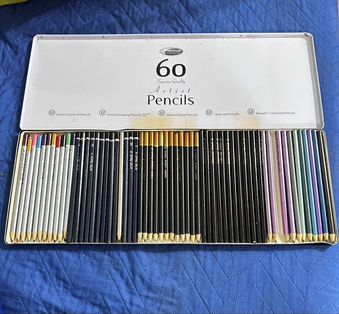 Platinum Collection 60 Artist Pencils Set (Category: Stationery & School Supplies) located in Manila. Submitted by jailand08 (Listing ID 1461472772, Image 2). Description: - Set of 60 Platinum Collection artist pencils - Includes: coloured, drawing, watercolour, charcoal, and metallic pencils - Comes in a convenient tin case for organization - Ideal for all your creative projects.
