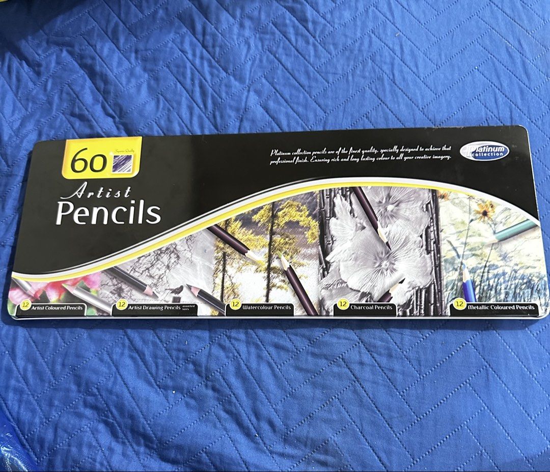 Platinum Collection 60 Artist Pencils Set (Category: Stationery & School Supplies) located in Manila. Submitted by jailand08 (Listing ID 1461472772, Image 1). Description: - Set of 60 Platinum Collection artist pencils - Includes: coloured, drawing, watercolour, charcoal, and metallic pencils - Comes in a convenient tin case for organization - Ideal for all your creative projects.