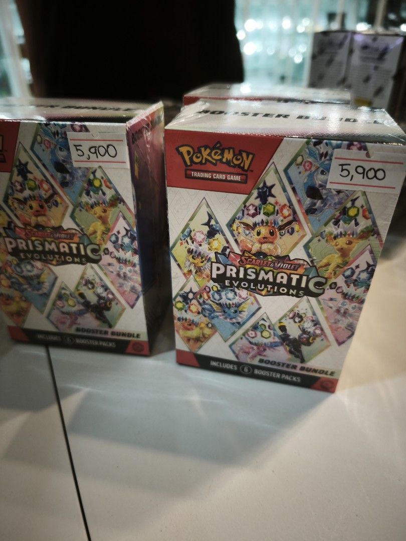 Pokemon Scarlet & Violet Prismatic Evolutions Booster Bundle (Category: Card Packs) located in Manila. Submitted by unboxing_addict (Listing ID 1461468683, Image 1). Description: -Pokemon Scarlet & Violet Prismatic Evolutions Booster Bundles available - Price: 5,900 PHP each. - Ideal for Pokemon card collectors and players..