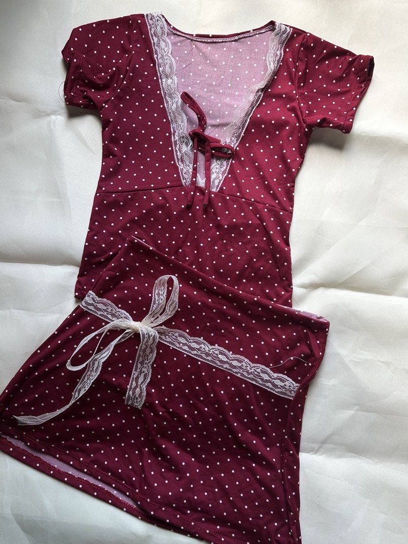 Polka Dot Pajama Set with Lace Trim - Multiple Colors (Category: Undergarments & Loungewear) located in Pasacao. Submitted by eommacollections_ (Listing ID 1461475619, Image 2). Description: - Comfy polka dot pajama set - Includes top and skirt - Features delicate lace trim and ribbon tie details - Available colors: Navy Blue, White, Maroon - Made from soft fabric, perfect for lounging at home.