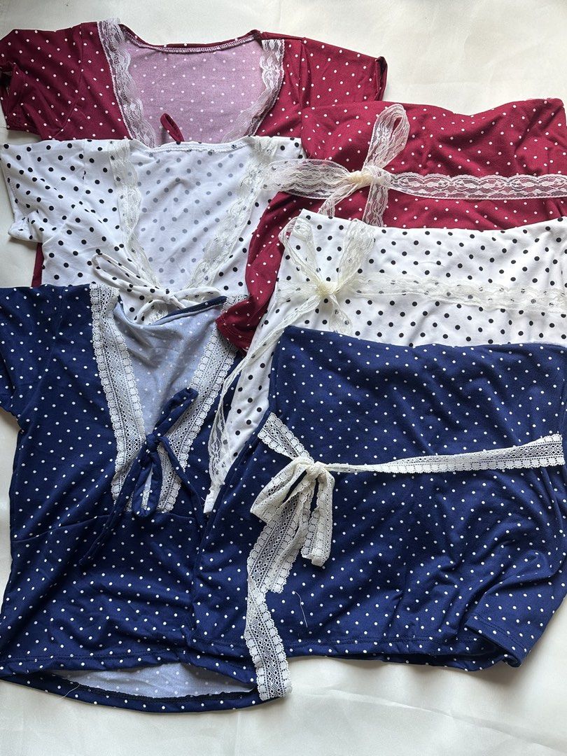 Polka Dot Pajama Set with Lace Trim - Multiple Colors (Category: Undergarments & Loungewear) located in Pasacao. Submitted by eommacollections_ (Listing ID 1461475619, Image 1). Description: - Comfy polka dot pajama set - Includes top and skirt - Features delicate lace trim and ribbon tie details - Available colors: Navy Blue, White, Maroon - Made from soft fabric, perfect for lounging at home.