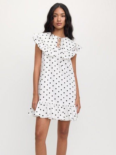 Pomelo polka dot ruffle trim dress (Category: Dresses) located in Makati City. Submitted by prelovedbystella16 (Listing ID 1461409372, Image 1). Description: Worn once only for art fair Good as new condition. Needs washing only. Stored in closet and has a bit make up stain only (can be removed during laundry) Size medium With side pockets .