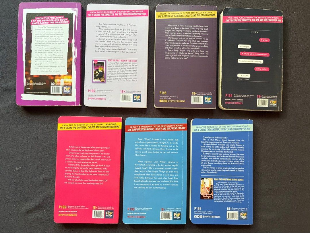 Pop Fiction Books Bundle (Category: Storybooks) located in Kalibo. Submitted by evereign (Listing ID 1461561344, Image 2). Description: Includes: > Must Date the Playboy by notjustarandomgirl > Must Hate the Playboy by notjustarandomgirl > Mapapansin Kaya by jonaxx > 23:11 by pilosopotasya > The Heartbroken Heartbreaker by sammadison > As Told by Nerdy by tsubame > The Orsini Bride by sweetblunch - all like new with bookmarks, except 23:11 pm for