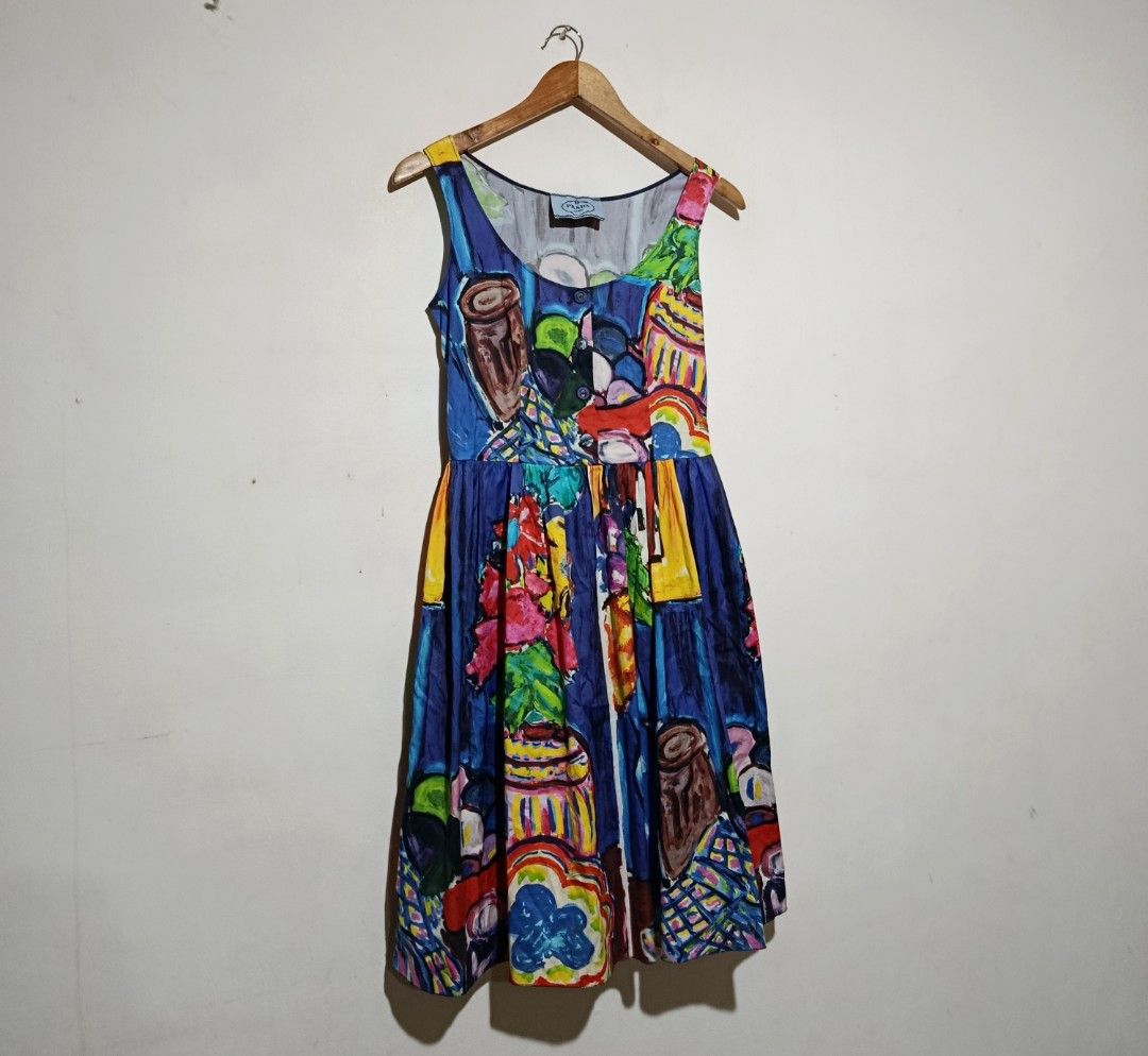 Prada - Multicolor Abstract Printed Dress (Category: Dresses) located in San Fernando. Submitted by son.twice.stuff (Listing ID 1461498501, Image 2). Description: Item: Prada - Multicolor Abstract Printed Dress Tagged Size: 38 Fit Small To Medium Dimensions Length: 35" Armpit To Armpit: 15" Waistline: 14" Shoulder: 13" Condition: Excellent Zipper: UZ Made In Italy Material 96% Elastane 4% Cotton Price: 5800 Free Shipping.