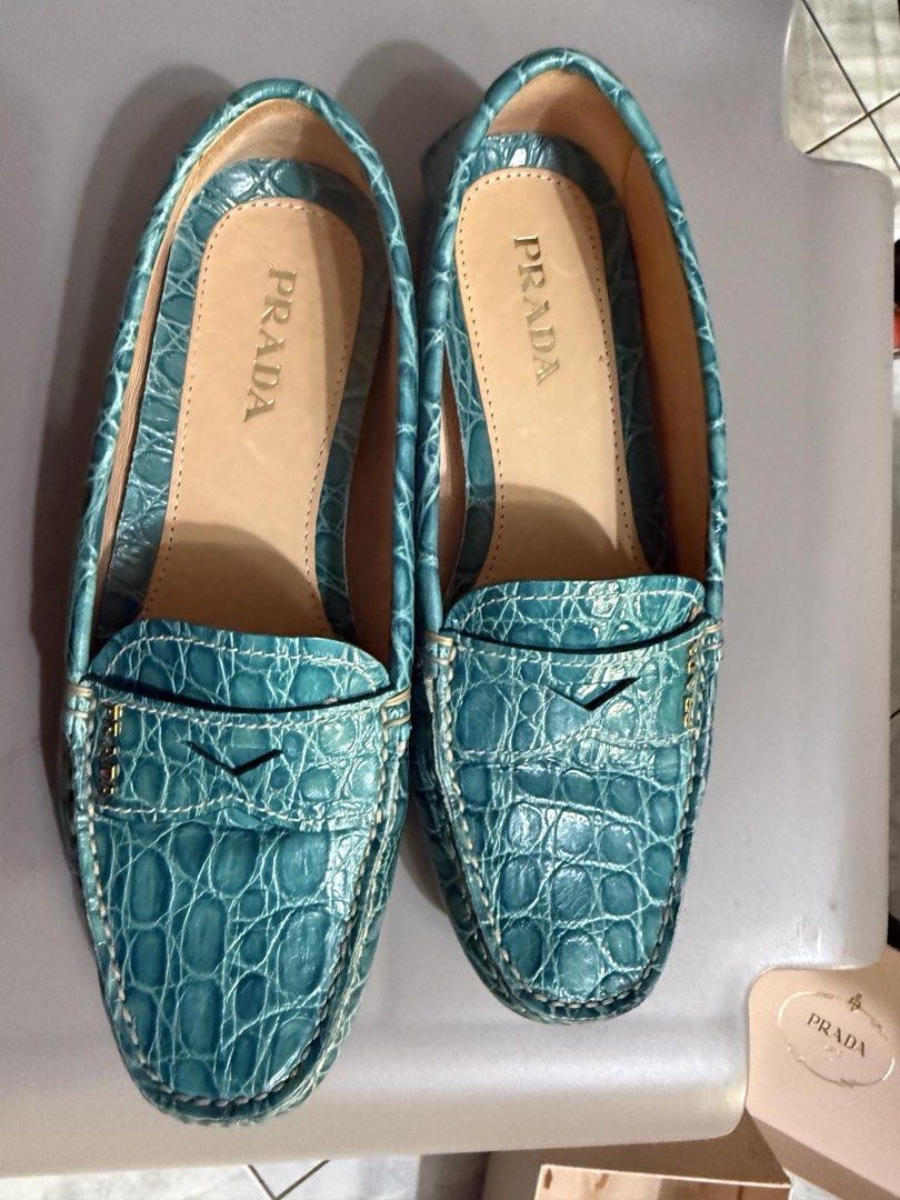 Prada Turquoise Croc Embossed Leather Loafers (Category: Loafers) located in Manila. Submitted by cocoscloset23 (Listing ID 1461335798, Image 3). Description: - Brand: Prada - Color: Turquoise - Material: Croc-embossed leather - Style: Classic penny loafer - Origin: Made in Italy - Size: 37.5 - Includes: Original box.