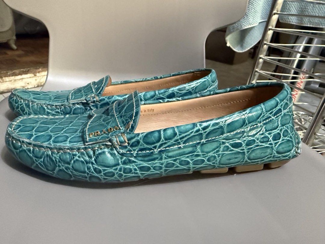 Prada Turquoise Croc Embossed Leather Loafers (Category: Loafers) located in Manila. Submitted by cocoscloset23 (Listing ID 1461335798, Image 2). Description: - Brand: Prada - Color: Turquoise - Material: Croc-embossed leather - Style: Classic penny loafer - Origin: Made in Italy - Size: 37.5 - Includes: Original box.