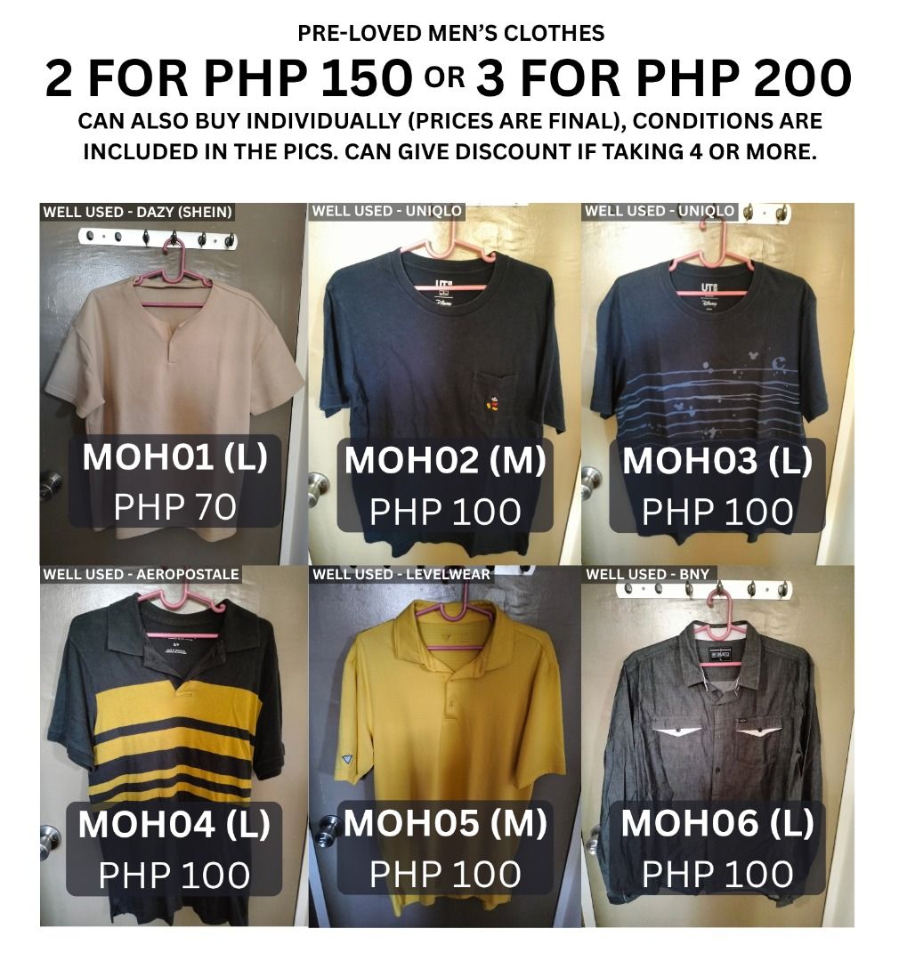 Pre-Loved Men Clothes: 2 for PHP 150 (Category: Tshirts & Polo Shirts ) located in Cabanatuan. Submitted by smol.nol (Listing ID 1461477702, Image 1). Description: CROSSPOSTED wts lfb ph Pre-Loved Men Clothes: 2 for PHP 150 or 3 for PHP 200 - Price, condition, size, and brand of each clothes are included per pic - Can buy individually (prices are final) - Can give discounts if taking 4 or more PHP 550 if taking all rfs: decluttering MOP: GCash MO