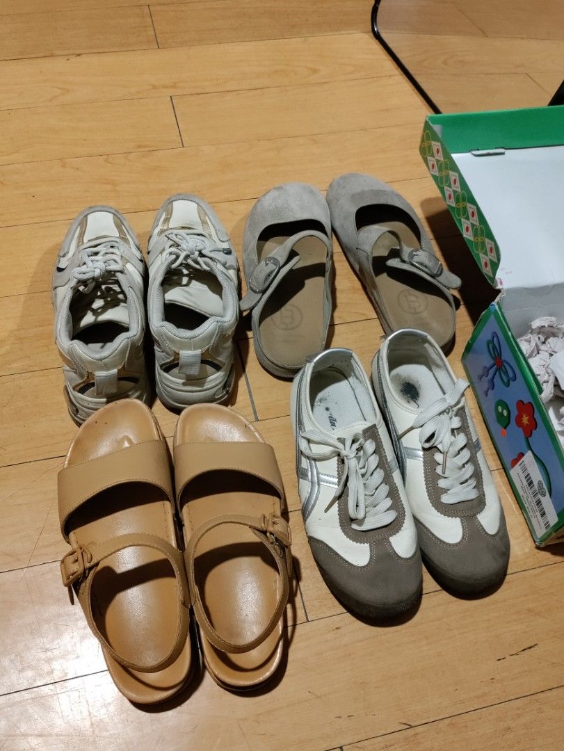 Pre-Loved Women's shoes SET: TAKE ALL for Php300 only (Category: Flats & Sandals) located in Las Pinas. Submitted by salamart (Listing ID 1461424813, Image 1). Description: Sold as a SET of four shoes inclusive of: 1. Parisian brown sandals (well used, no flaws) 2. Corolla shoes (well used, logo print inside shoe is smudged. no other flaws or issues). 3. Bostanten Clogs (well used, bought most recently out of the four. suede needs cleaning lang. 