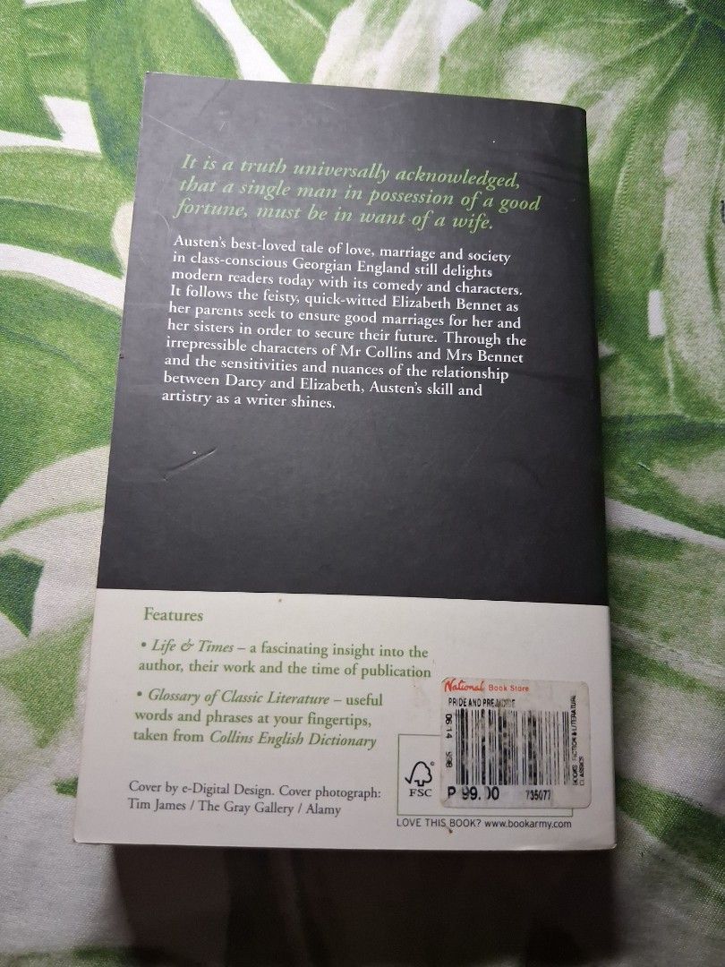 Pride and Prejudice by Jane Austen (Collins Classics) (Category: Storybooks) located in Ligao. Submitted by mavrnmlt (Listing ID 1461398683, Image 3). Description: - Classic novel: Pride and Prejudice by Jane Austen - Edition: Collins Classics - Features striking cover art - Ideal for fans of timeless literature and book collectors.