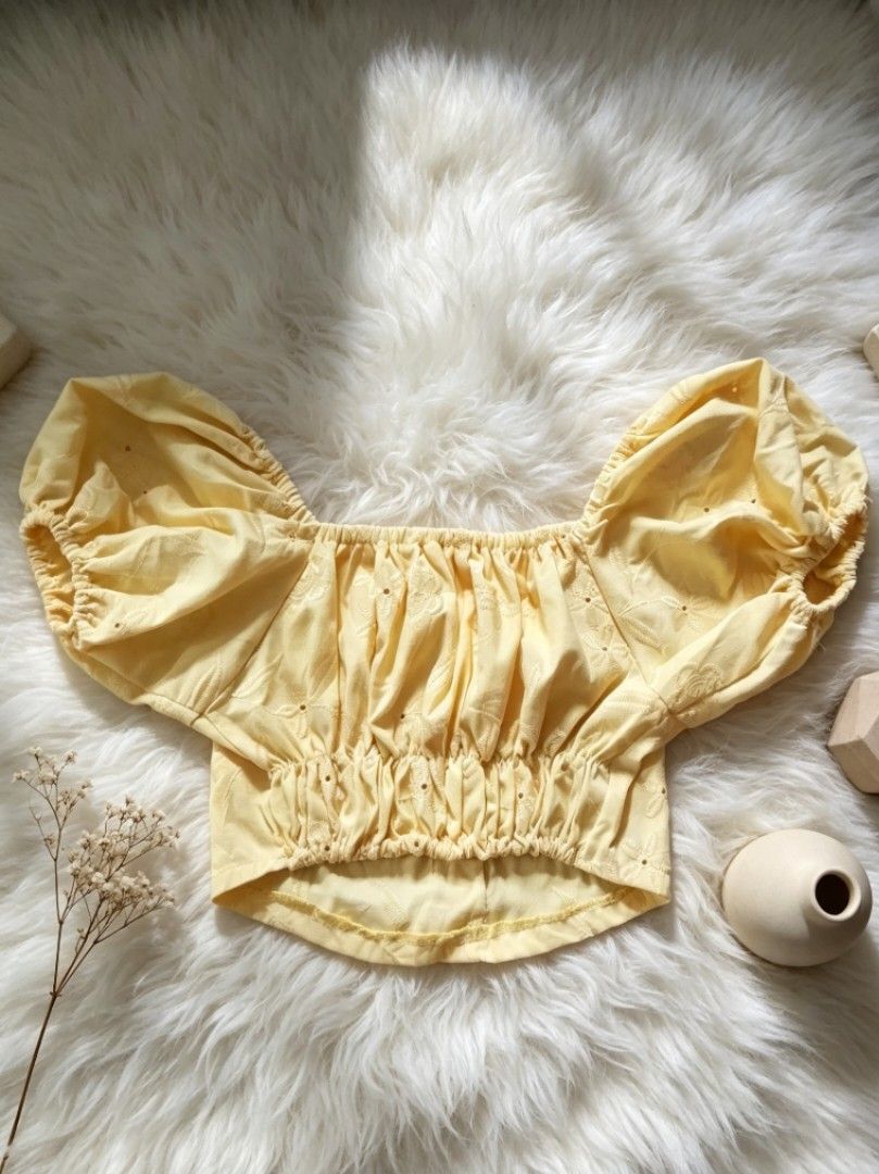 Puff-sleeve Crop top (Category: Others Tops) located in Valenzuela. Submitted by bravemountain89 (Listing ID 1461396772, Image 3). Description: Pastel yellow puff-sleeve crop top with a square neckline, delicate floral embroidery, elasticated sleeves, and decorative front buttons. Cute, feminine, and perfect for a sweet casual look.”.