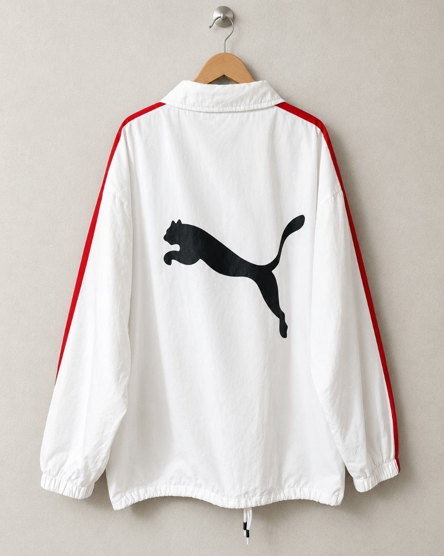 Puma Side Tape Windbreaker (Category: Coats, Jackets and Outerwear) located in Manila. Submitted by xendrift (Listing ID 1460495357, Image 2). Description: W: 24" : L: 28" Size: Large to XL Color rate: 10/10 condition: Excellent no issue Thrifted item, ready to wear, Still Negotiable prize, manage your expectation, pm for more photo and info's.