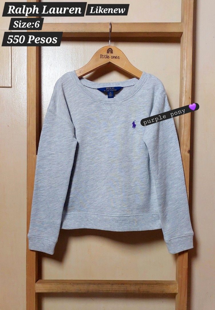 Ralph Lauren Kids Sweaters Size 6 (Category: Babies & Kids Fashion) located in Caloocan City. Submitted by clairyyyyy (Listing ID 1461387605, Image 2). Description: - Set of 2 Ralph Lauren sweaters for kids - Size: 6 - Sweater 1: Blue with 'I Love Polo' graphic and American flag heart - Sweater 2: Light grey sweatshirt with purple pony logo - Ideal for everyday wear - 550 each ‼️.