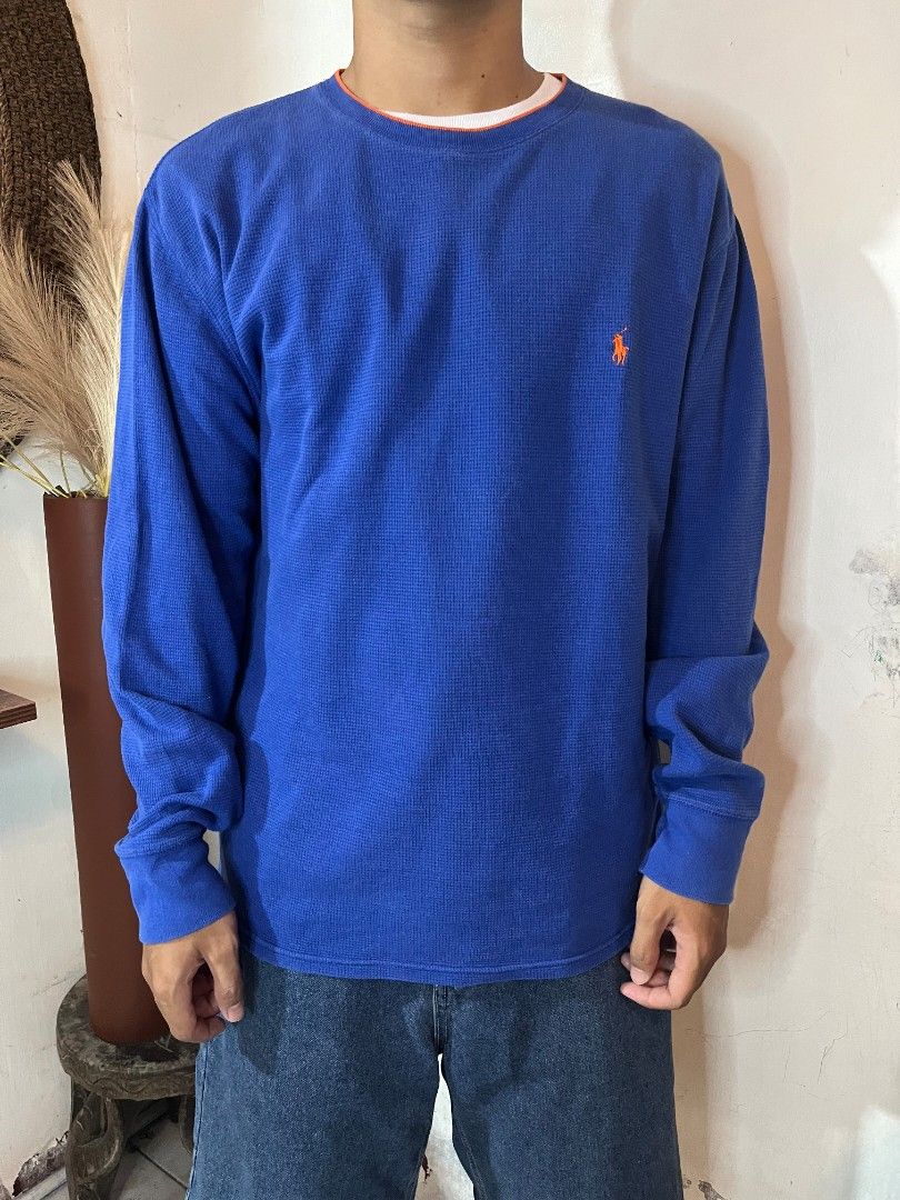 Ralph Lauren long sleeve (Category: Hoodies) located in Cabuyao City. Submitted by grand_vault (Listing ID 1461478728, Image 2). Description: Ralph Lauren Blue Long sleeve Size: M Width: 22 Length: 27 Condition: 9/10 Color rate: 9/10 Issue: Discoloration.