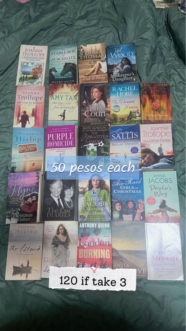 Random Novels - 50 Pesos Each (Category: Storybooks) located in Manila. Submitted by kreserie (Listing ID 1461519190, Image 2). Description: - Collection of random novels and thrillers - Authors include Joanna Trollope, Victoria Hislop, and more - Perfect for book lovers - Special Offer: Grab 3 books for only 120 pesos! - Message me for specific titles or additional photos 🖊️ Purchase basis: First come, first served 💌 Strictly PAYMENT FIRST pol