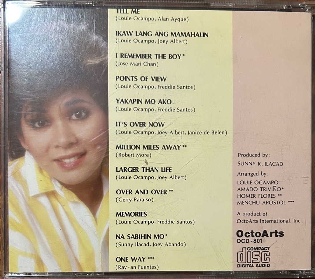 Rare Joey Albert OctoArts CD (Category: CDs & DVDs) located in Caloocan City. Submitted by dillydadi67 (Listing ID 1461471647, Image 2). Description: - Joey Albert's "Tell Me" CD - Label: OctoArts - Features hit songs: "Ikaw Lang Ang Mamahalin", "Larger Than Life" - Produced by Sunny R. Ilacad - Arranged by Louie Ocampo - Ideal for OPM music collectors - All tracks included as per back cover.