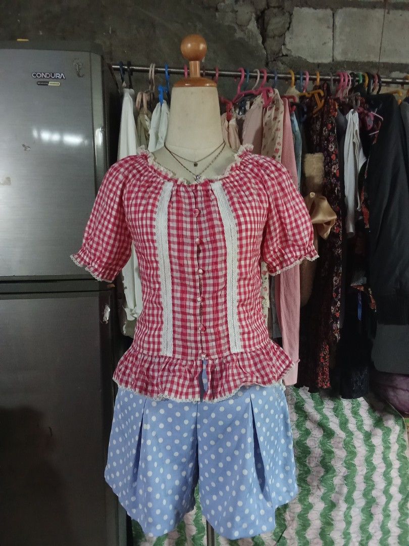 Red gingham off shoulder babydoll top (Category: Blouses) located in Meycauayan. Submitted by midori021 (Listing ID 1461453539, Image 2). Description: brand: xmiss (jp brand) freesize on tag but best fits S-M no flaws.